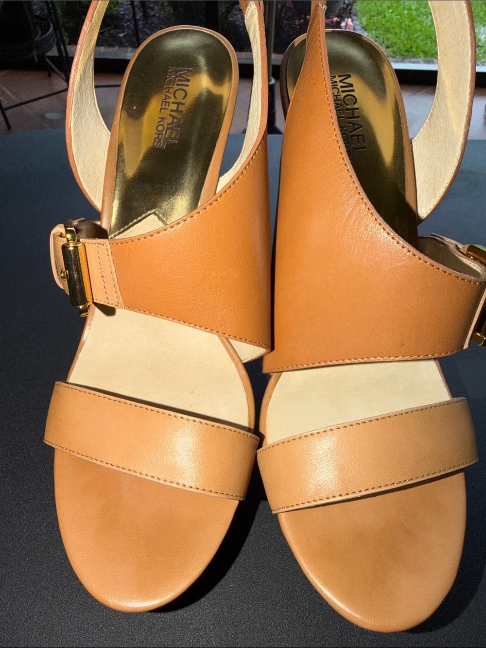 Michael Kors Tan Leather Buckle Block Heel Sandals